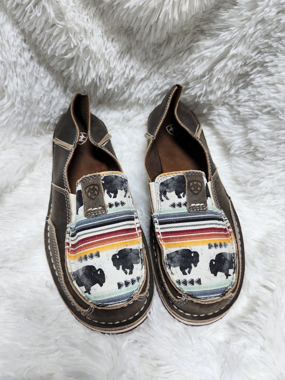 Ariat Brown Canvas-Front Loafers with Striped Buffalo Print